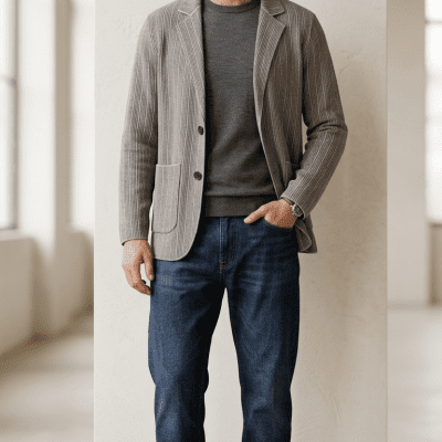Men's Grey Ribbed Knit Blazer | Smart-Casual Winter Jacket
