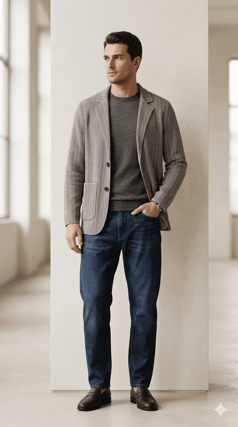 Men’s Grey Ribbed Knit Blazer | Smart-Casual Winter Jacket