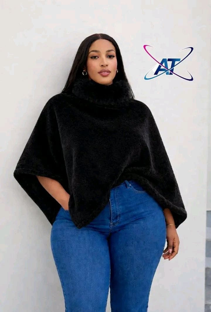Black Faux Fur Turtleneck Poncho