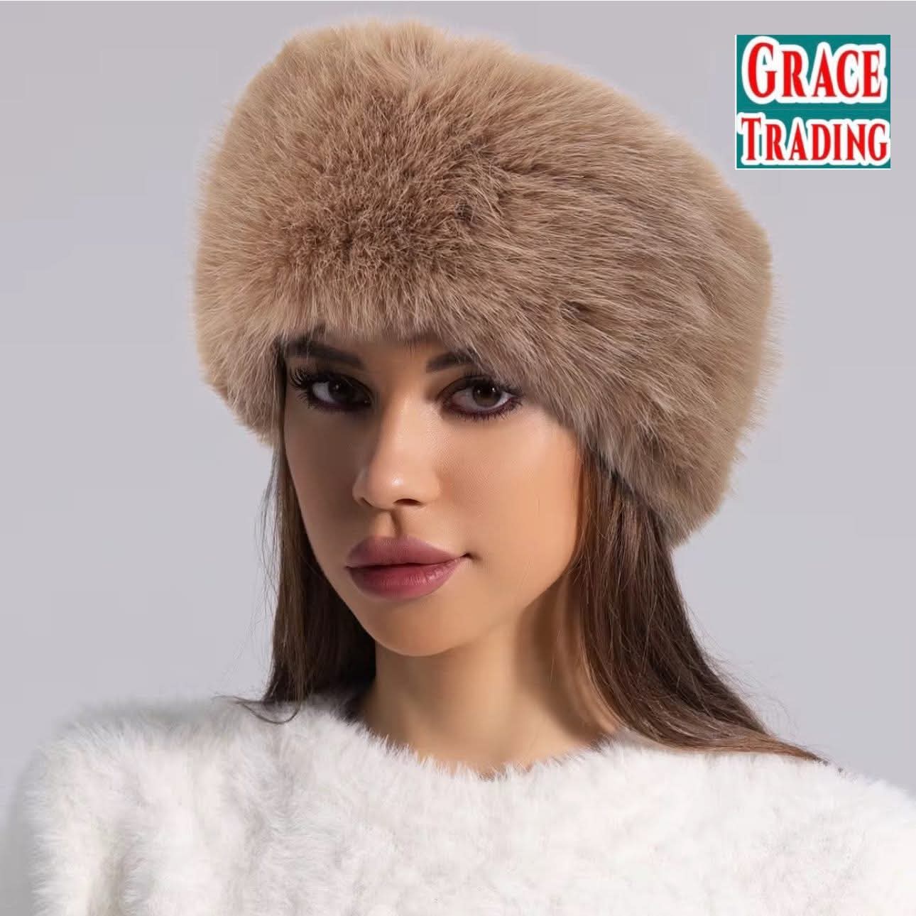 Women’s Faux Fur Cossack Hat — Fluffy Winter Headband Hat in Camel Beige | Warm Russian-Style Fur Cap