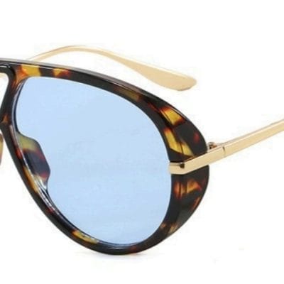 Tortoiseshell and Gold Aviator Sunglasses with Blue Lenses for Men and Women