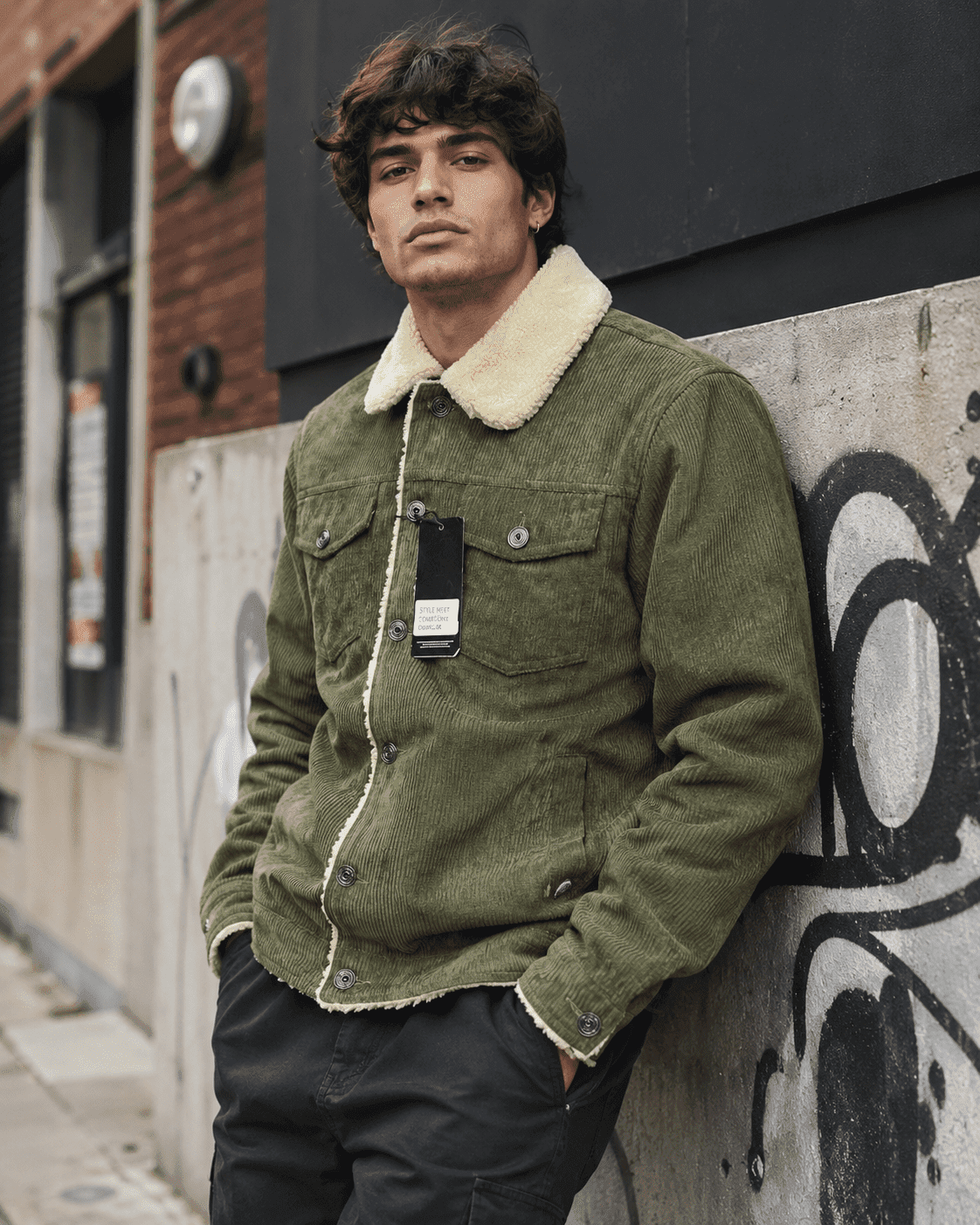 Men’s Olive Green Corduroy Sherpa Jacket – Warm Winter Streetwear Coat