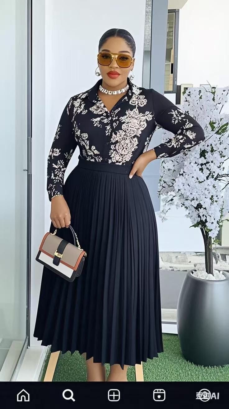 Black Floral Pleated 2-Piece Midi Set | Sizes S–3XL | Women’s Fashion South Africa