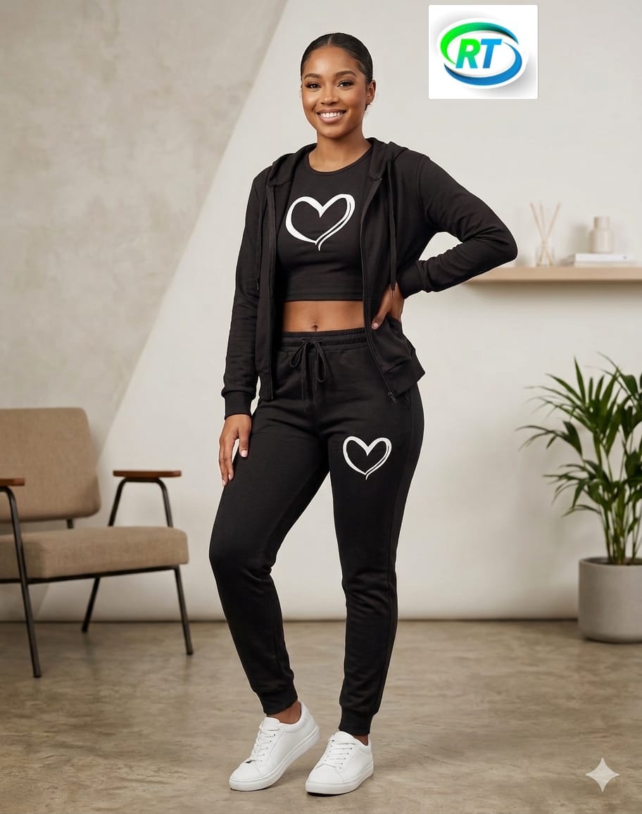 Brown Heart Print Women’s Tracksuit Set – 3 Piece