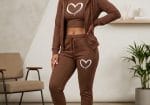 Brown Heart Print Women’s Tracksuit Set – 3 Piece