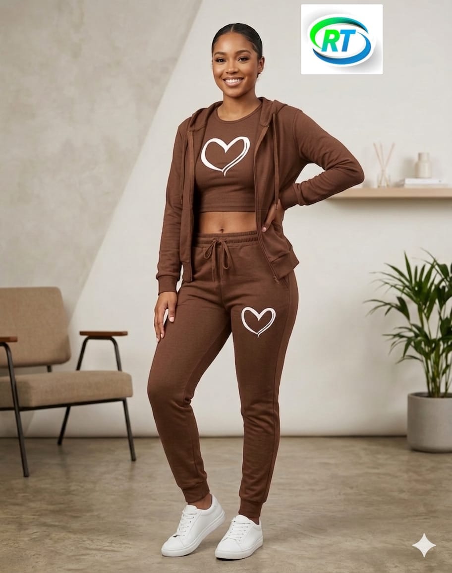 Brown Heart Print Women’s Tracksuit Set – 3 Piece