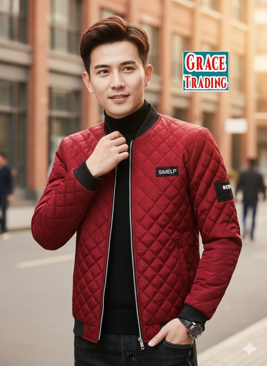 Men’s Red Quilted Jacket – Stylish Casual Winter Zip-Up Jacket