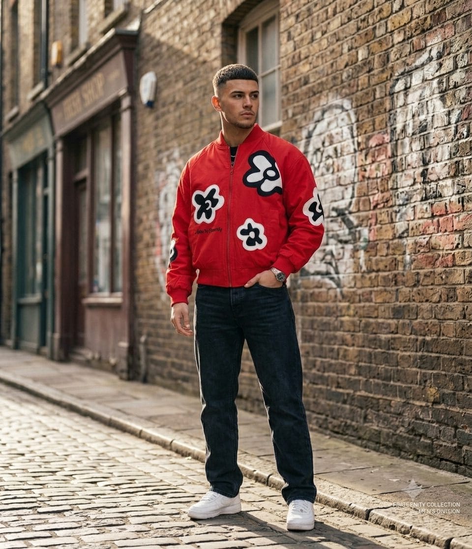 Red Graphic Bomber Jacket for Men