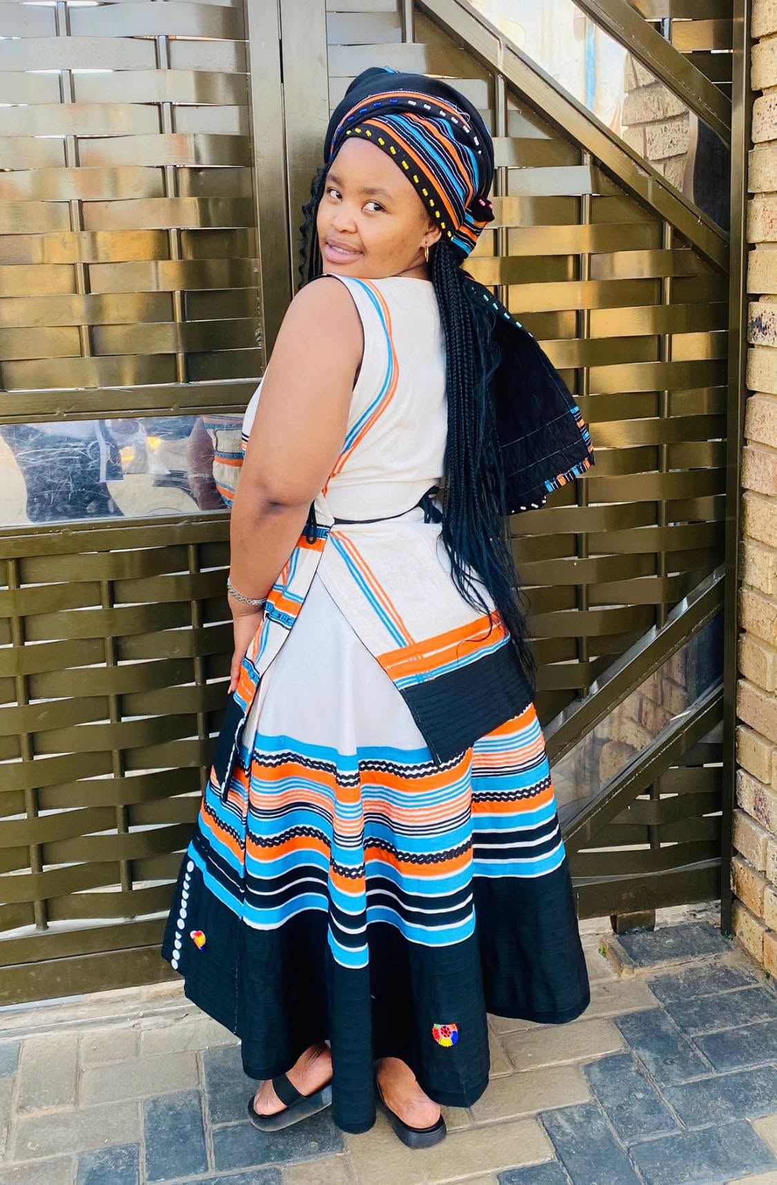 Blue Orange Black Striped Traditional Xhosa Dress for Women