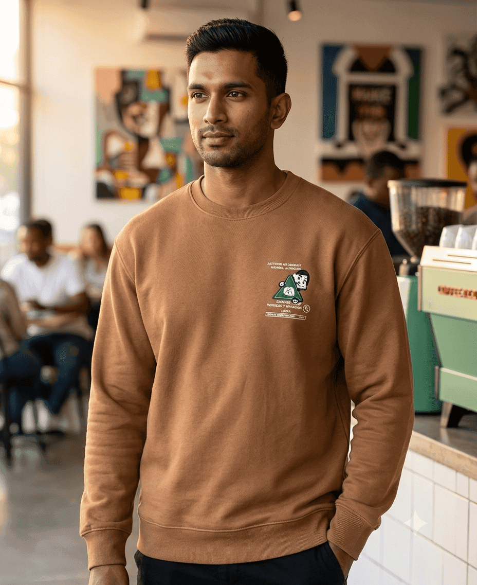Tan Brown Graphic Crewneck Sweatshirt for Men