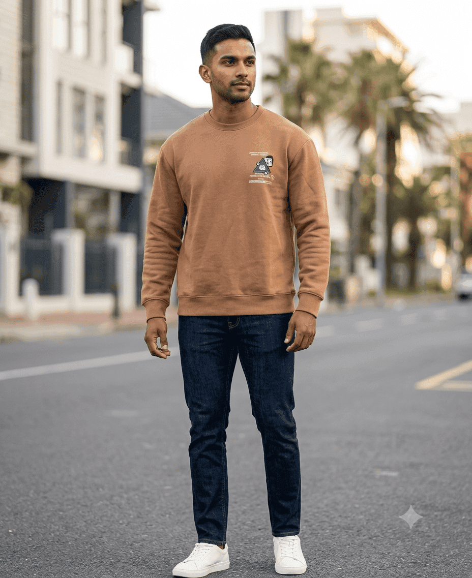 Tan Brown Graphic Crewneck Sweatshirt for Men
