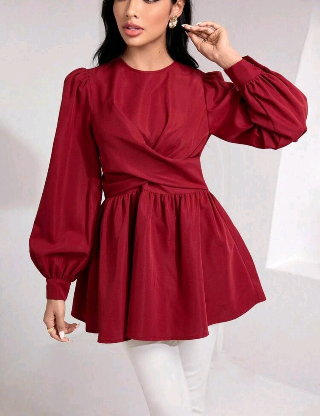 🌺 Brand New Burgundy Peplum Blouse | Fits SA 36 | Elegant Bishop Sleeves