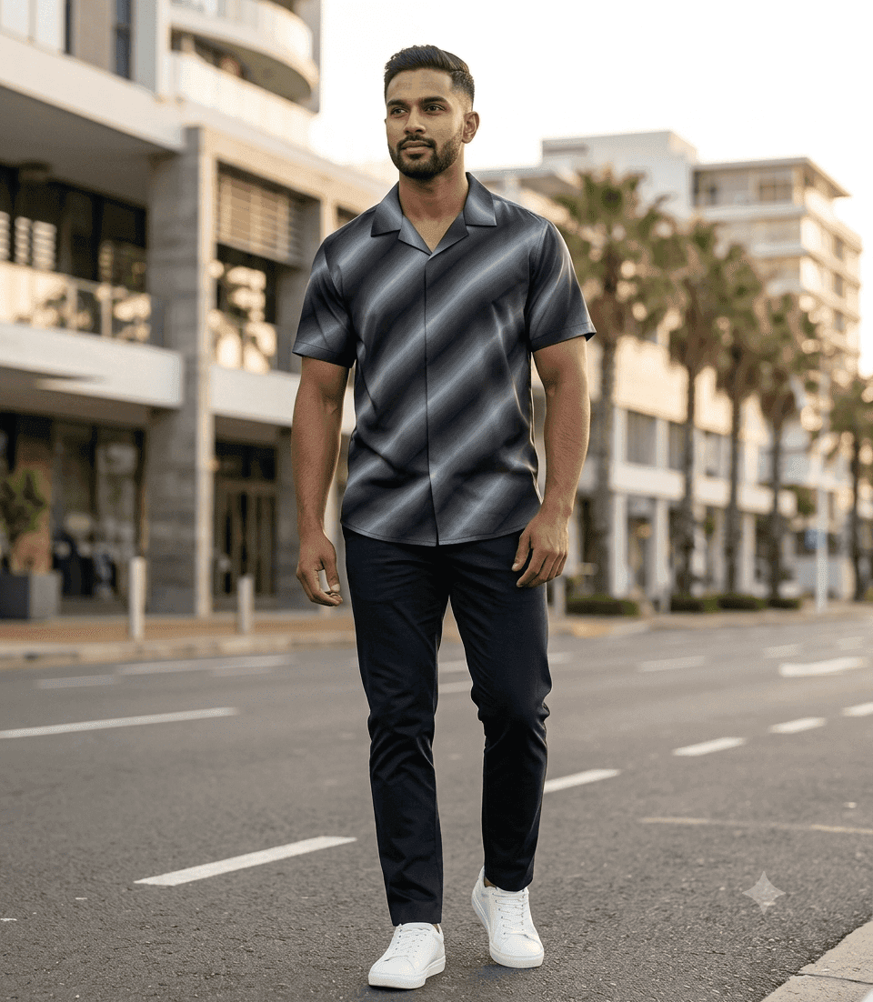 Dark Grey Diagonal Stripe Short Sleeve Shirt for Men