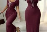 Burgundy Ribbed Bodycon Maxi Dress for Women