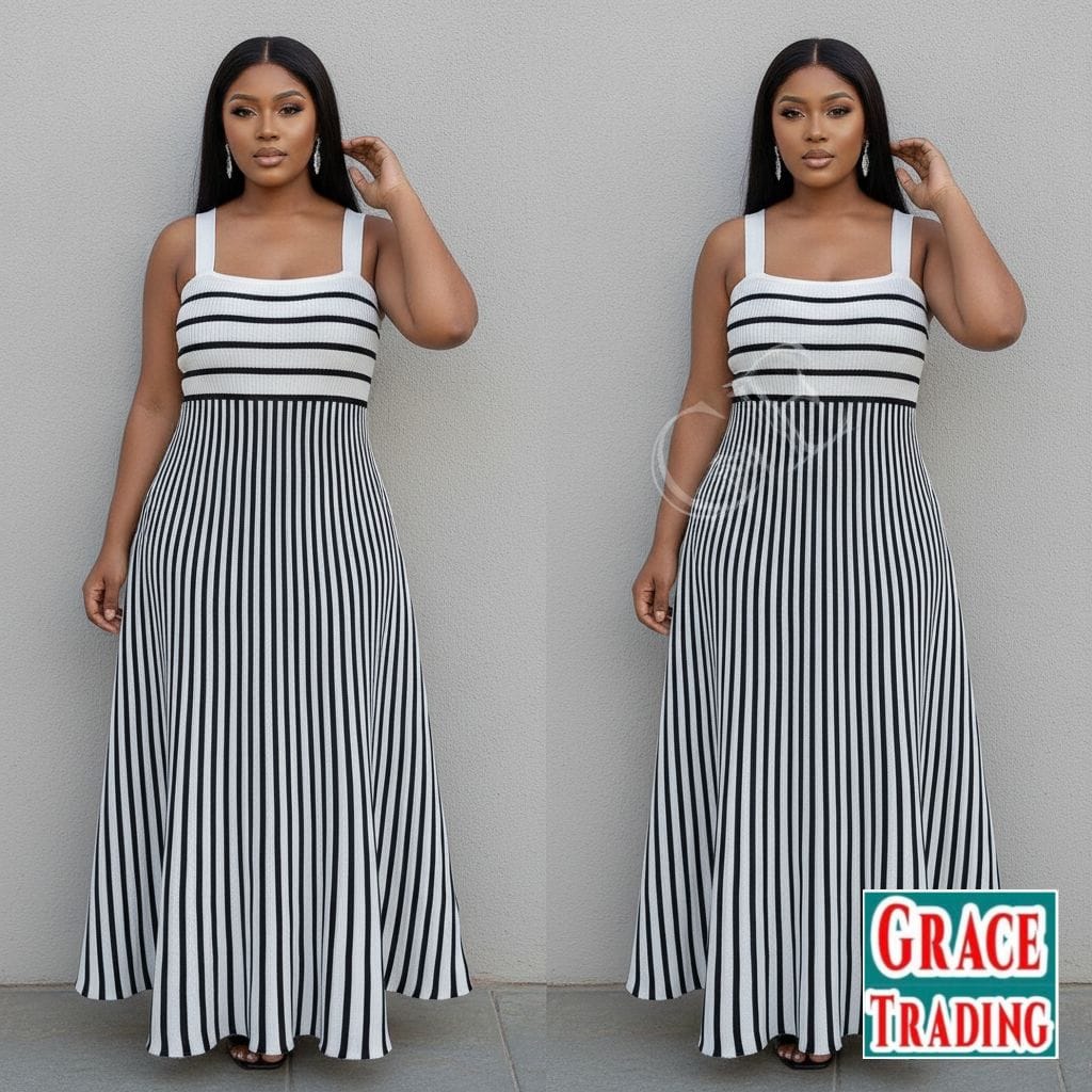 Black White Striped Knitted Maxi Dress for Women