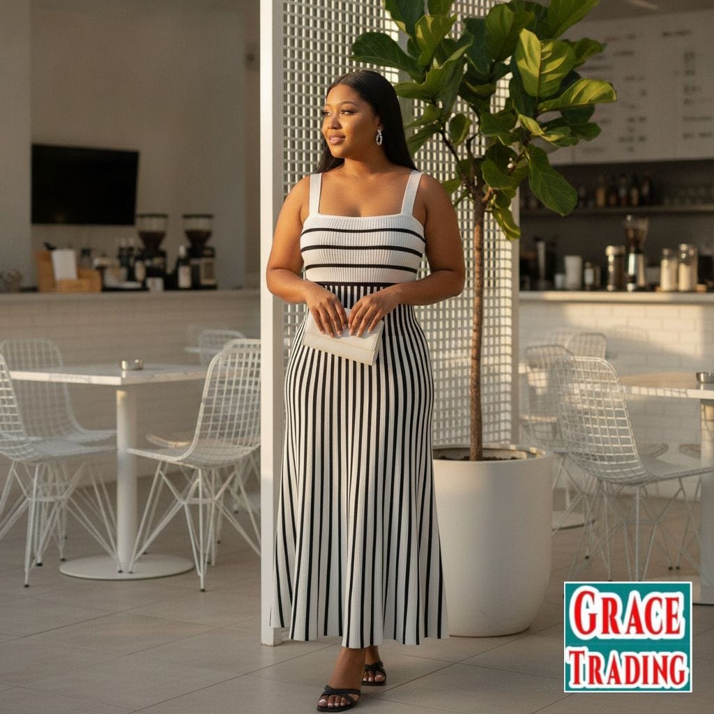 Black White Striped Knitted Maxi Dress for Women