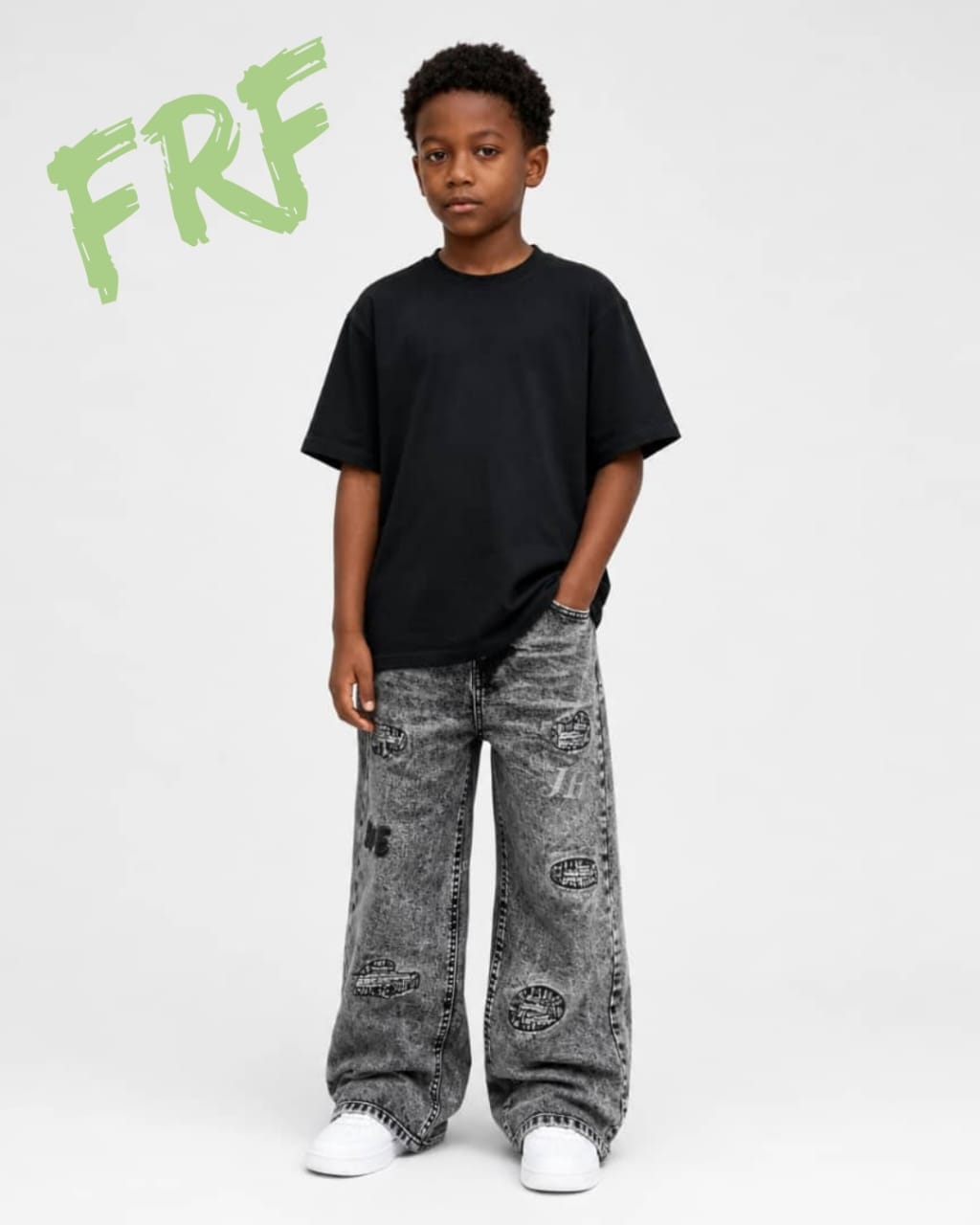 Black Graphic Patch Wide-Leg Jeans for Boys